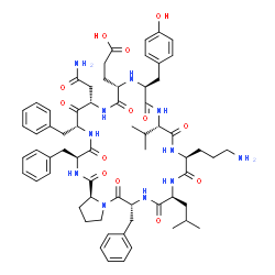 ChemSpider 2D Image | 3-[(3S,6R,8S,11S,13S,16S,19S,22S,25R,30aS)-8-(2-Amino-2-oxoethyl)-19-(3-aminopropyl)-3,6,25-tribenzyl-13-(4-hydroxybenzyl)-22-isobutyl-16-isopropyl-1,4,7,10,14,17,20,23,26-nonaoxotriacontahydropyrrolo[2,1-f][1,4,7,10,13,16,19,22,25]nonaazacyclooctacosin-11-yl]propanoic acid | C65H85N11O13