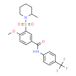 ChemSpider 2D Image | 4-Methoxy-3-[(2-methyl-1-piperidinyl)sulfonyl]-N-[4-(trifluoromethyl)phenyl]benzamide | C21H23F3N2O4S