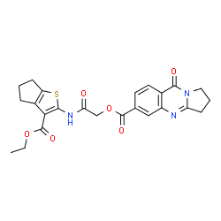 ChemSpider 2D Image | 2-{[3-(Ethoxycarbonyl)-5,6-dihydro-4H-cyclopenta[b]thiophen-2-yl]amino}-2-oxoethyl 9-oxo-1,2,3,9-tetrahydropyrrolo[2,1-b]quinazoline-6-carboxylate | C24H23N3O6S