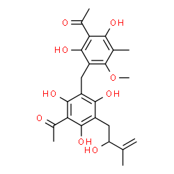 ChemSpider 2D Image | 1-[3-(3-Acetyl-2,4-dihydroxy-6-methoxy-5-methylbenzyl)-2,4,6-trihydroxy-5-(2-hydroxy-3-methyl-3-buten-1-yl)phenyl]ethanone | C24H28O9