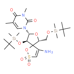 ChemSpider 2D Image | 1-[(6R,8R,9R)-4-Amino-9-{[dimethyl(2-methyl-2-propanyl)silyl]oxy}-6-({[dimethyl(2-methyl-2-propanyl)silyl]oxy}methyl)-2,2-dioxido-1,7-dioxa-2-thiaspiro[4.4]non-3-en-8-yl]-3,5-dimethyl-2,4(1H,3H)-pyrim
idinedione | C25H45N3O8SSi2