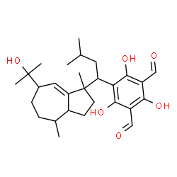ChemSpider 2D Image | 2,4,6-trihydroxy-5-(1-(5-(1-hydroxy-isopropyl)-2,8-dimethylbicyclo(5.3.0)dec-6-en-8-yl)-3-methylbutyl)benzene-1,3-dicarbaldehyde | C28H40O6