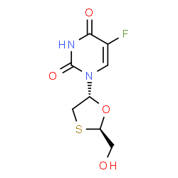 ChemSpider 2D Image | 5-Fluoro-1-[(2R,5R)-2-(hydroxymethyl)-1,3-oxathiolan-5-yl]-2,4(1H,3H)-pyrimidinedione | C8H9FN2O4S