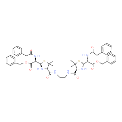 ChemSpider 2D Image | Dibenzyl (2R,2'R)-2,2'-(1,2-ethanediylbis{carbamoyl[(2R,4S)-5,5-dimethyl-1,3-thiazolidine-4,2-diyl]})bis{[(phenylacetyl)amino]acetate} | C48H56N6O8S2