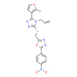 ChemSpider 2D Image | 2-({[4-Allyl-5-(2-methyl-3-furyl)-4H-1,2,4-triazol-3-yl]sulfanyl}methyl)-5-(4-nitrophenyl)-1,3,4-oxadiazole | C19H16N6O4S