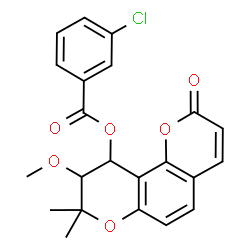 ChemSpider 2D Image | 9-Methoxy-8,8-dimethyl-2-oxo-9,10-dihydro-2H,8H-pyrano[2,3-f]chromen-10-yl 3-chlorobenzoate | C22H19ClO6