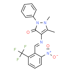 ChemSpider 2D Image | 1,5-Dimethyl-4-{(E)-[2-nitro-6-(trifluoromethyl)benzylidene]amino}-2-phenyl-1,2-dihydro-3H-pyrazol-3-one | C19H15F3N4O3