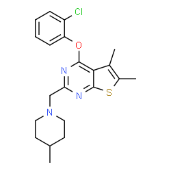 ChemSpider 2D Image | 4-(2-Chlorophenoxy)-5,6-dimethyl-2-[(4-methyl-1-piperidinyl)methyl]thieno[2,3-d]pyrimidine | C21H24ClN3OS