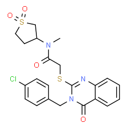 ChemSpider 2D Image | 2-{[3-(4-Chlorobenzyl)-4-oxo-3,4-dihydro-2-quinazolinyl]sulfanyl}-N-(1,1-dioxidotetrahydro-3-thiophenyl)-N-methylacetamide | C22H22ClN3O4S2