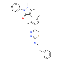 ChemSpider 2D Image | 4-(2,5-Dimethyl-3-{2-[(2-phenylethyl)amino]-6H-1,3,4-thiadiazin-5-yl}-1H-pyrrol-1-yl)-1,5-dimethyl-2-phenyl-1,2-dihydro-3H-pyrazol-3-one | C28H30N6OS
