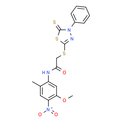 ChemSpider 2D Image | N-(5-Methoxy-2-methyl-4-nitrophenyl)-2-[(4-phenyl-5-thioxo-4,5-dihydro-1,3,4-thiadiazol-2-yl)sulfanyl]acetamide | C18H16N4O4S3