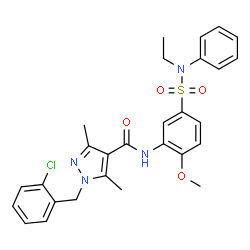 ChemSpider 2D Image | 1-(2-Chlorobenzyl)-N-{5-[ethyl(phenyl)sulfamoyl]-2-methoxyphenyl}-3,5-dimethyl-1H-pyrazole-4-carboxamide | C28H29ClN4O4S