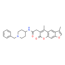 ChemSpider 2D Image | N-(1-Benzyl-4-piperidinyl)-2-(3,5-dimethyl-7-oxo-7H-furo[3,2-g]chromen-6-yl)acetamide | C27H28N2O4