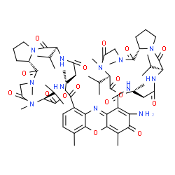 ChemSpider 2D Image | 2-Amino-N~1~-[(6R,9R,10S,13S,18aS)-6,13-diisopropyl-2,5,9-trimethyl-1,4,7,11,14-pentaoxohexadecahydro-1H-pyrrolo[2,1-i][1,4,7,10,13]oxatetraazacyclohexadecin-10-yl]-N~9~-[(6S,9R,10S,13S,18aS)-6,13-dii
sopropyl-2,5,9-trimethyl-1,4,7,11,14-pentaoxohexadecahydro-1H-pyrrolo[2,1-i][1,4,7,10,13]oxatetraazacyclohexadecin-10-yl]-4,6-dimethyl-3-oxo-3H-phenoxazine-1,9-dicarboxamide | C62H86N12O16