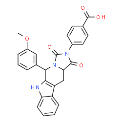 ChemSpider 2D Image | 4-[5-(3-Methoxyphenyl)-1,3-dioxo-5,6,11,11a-tetrahydro-1H-imidazo[1',5':1,6]pyrido[3,4-b]indol-2(3H)-yl]benzoic acid | C27H21N3O5