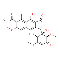 ChemSpider 2D Image | Methyl (1S)-1-[(1S,2S,6R)-1,2-dihydroxy-3,6-dimethoxy-5-oxo-3-cyclohexen-1-yl]-4-hydroxy-7-methoxy-5-methyl-3-oxo-1,3-dihydronaphtho[2,3-c]furan-6-carboxylate | C24H24O11