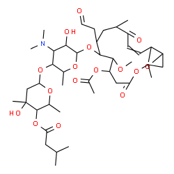 ChemSpider 2D Image | 6-{[6-{[7-Acetoxy-8-methoxy-3,12-dimethyl-5,13-dioxo-10-(2-oxoethyl)-4,17-dioxabicyclo[14.1.0]heptadec-14-en-9-yl]oxy}-4-(dimethylamino)-5-hydroxy-2-methyltetrahydro-2H-pyran-3-yl]oxy}-4-hydroxy-2,4-d
imethyltetrahydro-2H-pyran-3-yl 3-methylbutanoate | C42H67NO16