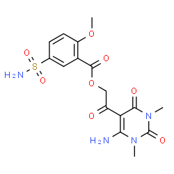 ChemSpider 2D Image | 2-(6-Amino-1,3-dimethyl-2,4-dioxo-1,2,3,4-tetrahydro-5-pyrimidinyl)-2-oxoethyl 2-methoxy-5-sulfamoylbenzoate | C16H18N4O8S