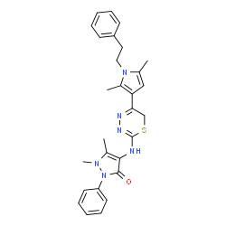 ChemSpider 2D Image | 4-({5-[2,5-Dimethyl-1-(2-phenylethyl)-1H-pyrrol-3-yl]-6H-1,3,4-thiadiazin-2-yl}amino)-1,5-dimethyl-2-phenyl-1,2-dihydro-3H-pyrazol-3-one | C28H30N6OS