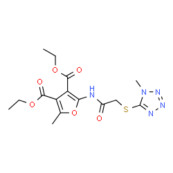 ChemSpider 2D Image | Diethyl 2-methyl-5-({[(1-methyl-1H-tetrazol-5-yl)sulfanyl]acetyl}amino)-3,4-furandicarboxylate | C15H19N5O6S
