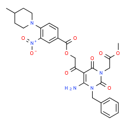 ChemSpider 2D Image | 2-[6-Amino-1-benzyl-3-(2-methoxy-2-oxoethyl)-2,4-dioxo-1,2,3,4-tetrahydro-5-pyrimidinyl]-2-oxoethyl 4-(4-methyl-1-piperidinyl)-3-nitrobenzoate | C29H31N5O9