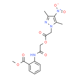 ChemSpider 2D Image | Methyl 2-({[2-(3,5-dimethyl-4-nitro-1H-pyrazol-1-yl)acetoxy]acetyl}amino)benzoate | C17H18N4O7