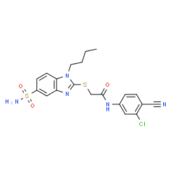 ChemSpider 2D Image | 2-[(1-Butyl-5-sulfamoyl-1H-benzimidazol-2-yl)sulfanyl]-N-(3-chloro-4-cyanophenyl)acetamide | C20H20ClN5O3S2