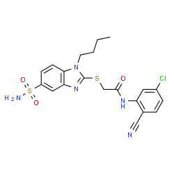 ChemSpider 2D Image | 2-[(1-Butyl-5-sulfamoyl-1H-benzimidazol-2-yl)sulfanyl]-N-(5-chloro-2-cyanophenyl)acetamide | C20H20ClN5O3S2