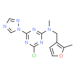 ChemSpider 2D Image | 4-Chloro-N-methyl-N-[(2-methyl-3-furyl)methyl]-6-(1H-1,2,4-triazol-1-yl)-1,3,5-triazin-2-amine | C12H12ClN7O