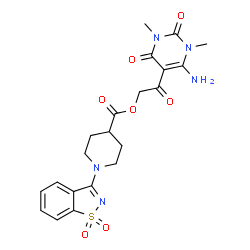 ChemSpider 2D Image | 2-(6-Amino-1,3-dimethyl-2,4-dioxo-1,2,3,4-tetrahydro-5-pyrimidinyl)-2-oxoethyl 1-(1,1-dioxido-1,2-benzothiazol-3-yl)-4-piperidinecarboxylate | C21H23N5O7S
