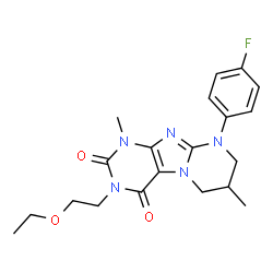 ChemSpider 2D Image | 3-(2-Ethoxyethyl)-9-(4-fluorophenyl)-1,7-dimethyl-6,7,8,9-tetrahydropyrimido[2,1-f]purine-2,4(1H,3H)-dione | C20H24FN5O3