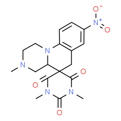 ChemSpider 2D Image | 1',3,3'-Trimethyl-8-nitro-2,3,4,4a-tetrahydro-1H,2'H,6H-spiro[pyrazino[1,2-a]quinoline-5,5'-pyrimidine]-2',4',6'(1'H,3'H)-trione | C18H21N5O5