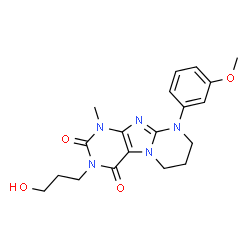 ChemSpider 2D Image | 3-(3-Hydroxypropyl)-9-(3-methoxyphenyl)-1-methyl-6,7,8,9-tetrahydropyrimido[2,1-f]purine-2,4(1H,3H)-dione | C19H23N5O4