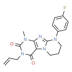 ChemSpider 2D Image | 3-Allyl-9-(4-fluorophenyl)-1-methyl-6,7,8,9-tetrahydropyrimido[2,1-f]purine-2,4(1H,3H)-dione | C18H18FN5O2