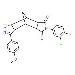 ChemSpider 2D Image | 10-(3-Chloro-4-fluorophenyl)-5-(4-methoxyphenyl)-3-oxa-4,10-diazatetracyclo[5.5.1.0~2,6~.0~8,12~]tridec-4-ene-9,11-dione | C23H18ClFN2O4