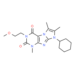 ChemSpider 2D Image | 8-Cyclohexyl-3-(2-methoxyethyl)-1,6,7-trimethyl-1H-imidazo[2,1-f]purine-2,4(3H,8H)-dione | C19H27N5O3