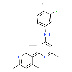 ChemSpider 2D Image | N-(3-Chloro-4-methylphenyl)-2,8,10-trimethylpyrido[2',3':3,4]pyrazolo[1,5-a]pyrimidin-4-amine | C19H18ClN5