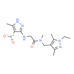 ChemSpider 2D Image | N-[(1-Ethyl-3,5-dimethyl-1H-pyrazol-4-yl)methyl]-N-methyl-N~2~-(5-methyl-4-nitro-1H-pyrazol-3-yl)glycinamide | C15H23N7O3