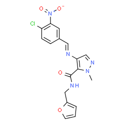 ChemSpider 2D Image | 4-[(E)-(4-Chloro-3-nitrobenzylidene)amino]-N-(2-furylmethyl)-1-methyl-1H-pyrazole-5-carboxamide | C17H14ClN5O4