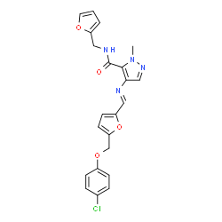 ChemSpider 2D Image | 4-[(E)-({5-[(4-Chlorophenoxy)methyl]-2-furyl}methylene)amino]-N-(2-furylmethyl)-1-methyl-1H-pyrazole-5-carboxamide | C22H19ClN4O4