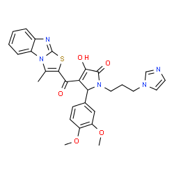 ChemSpider 2D Image | 5-(3,4-Dimethoxyphenyl)-3-hydroxy-1-[3-(1H-imidazol-1-yl)propyl]-4-[(3-methyl[1,3]thiazolo[3,2-a]benzimidazol-2-yl)carbonyl]-1,5-dihydro-2H-pyrrol-2-one | C29H27N5O5S