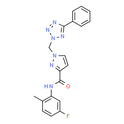 ChemSpider 2D Image | N-(5-Fluoro-2-methylphenyl)-1-[(5-phenyl-2H-tetrazol-2-yl)methyl]-1H-pyrazole-3-carboxamide | C19H16FN7O