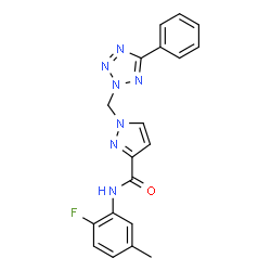 ChemSpider 2D Image | N-(2-Fluoro-5-methylphenyl)-1-[(5-phenyl-2H-tetrazol-2-yl)methyl]-1H-pyrazole-3-carboxamide | C19H16FN7O