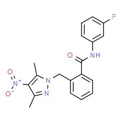 ChemSpider 2D Image | 2-[(3,5-Dimethyl-4-nitro-1H-pyrazol-1-yl)methyl]-N-(3-fluorophenyl)benzamide | C19H17FN4O3