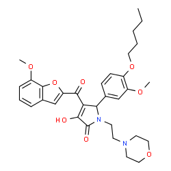 ChemSpider 2D Image | 3-Hydroxy-4-[(7-methoxy-1-benzofuran-2-yl)carbonyl]-5-[3-methoxy-4-(pentyloxy)phenyl]-1-[2-(4-morpholinyl)ethyl]-1,5-dihydro-2H-pyrrol-2-one | C32H38N2O8