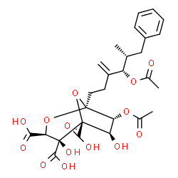 ChemSpider 2D Image | (1S,3S,4S,5R,6R,7R)-7-Acetoxy-1-[(4S,5R)-4-acetoxy-5-methyl-3-methylene-6-phenylhexyl]-4,6-dihydroxy-2,8-dioxabicyclo[3.2.1]octane-3,4,5-tricarboxylic acid | C27H32O14