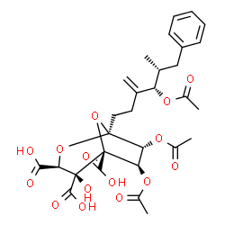 ChemSpider 2D Image | (1S,3S,4S,5R,6R,7R)-6,7-Diacetoxy-1-[(4S,5R)-4-acetoxy-5-methyl-3-methylene-6-phenylhexyl]-4-hydroxy-2,8-dioxabicyclo[3.2.1]octane-3,4,5-tricarboxylic acid | C29H34O15