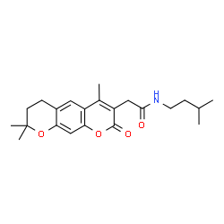 ChemSpider 2D Image | N-(3-Methylbutyl)-2-(4,8,8-trimethyl-2-oxo-7,8-dihydro-2H,6H-pyrano[3,2-g]chromen-3-yl)acetamide | C22H29NO4