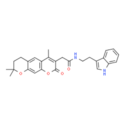 ChemSpider 2D Image | N-[2-(1H-Indol-3-yl)ethyl]-2-(4,8,8-trimethyl-2-oxo-7,8-dihydro-2H,6H-pyrano[3,2-g]chromen-3-yl)acetamide | C27H28N2O4