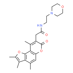 ChemSpider 2D Image | N-[2-(4-Morpholinyl)ethyl]-2-(2,3,4,9-tetramethyl-7-oxo-7H-furo[2,3-f]chromen-8-yl)acetamide | C23H28N2O5